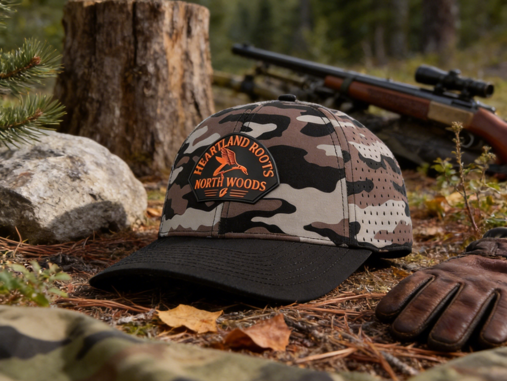 Outdoor camouflage cap in a woodland setting